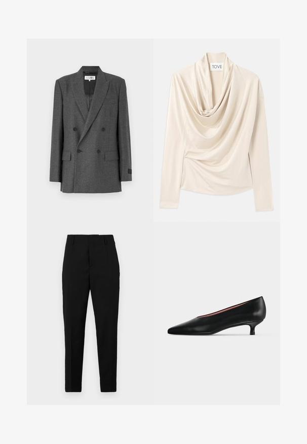 Grauer, doppelt geknöpfter Blazer aus strukturiertem Stoff. Mit Reverskragen, zwei Fronttaschen und schwarzen Knopfakzenten. Gefüttertes Innenfutter.; Beige Oberteil mit langen Ärmeln, Design mit Schalkragen und weicher, glatter Textur. An der Taille mit subtilen Raffungen gesichert.; Schwarze Hosen mit maßgeschneidertem Schnitt, die seitliche Taschen, eine glatte Textur und ein elegantes Design aufweisen, das sich zum Knöchel hin verjüngt.; Schwarzer Lederpumps mit spitzem Zeh und niedrigem Kitten-Heel, seitlich auf einem einfarbigen hellen Hintergrund dargestellt.