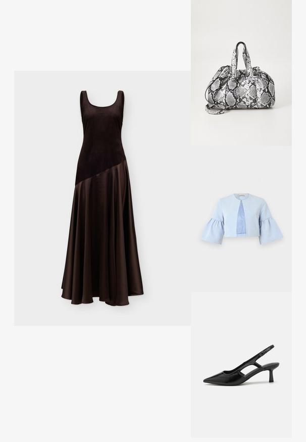 Veste courte bleu clair avec manches trois-quarts évasées, col rond et fermeture unique par un bouton-pression à l'avant.; Robe longue sans manches marron foncé avec un corsage en velours ajusté et une jupe fluide en satin avec une couture asymétrique.; Escarpins noirs à talon ouvert avec un embout pointu, fabriqués en matériau brillant, présentant des accents découpés et un talon modéré pour un bon soutien.; Sac à main en motif peau de serpent noir et blanc avec deux poignées, une fermeture à cordon et une bandoulière amovible. Texture lisse.