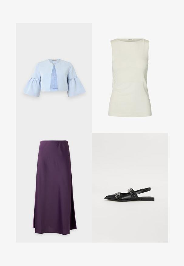 Veste courte bleu clair avec manches trois-quarts évasées, col rond et fermeture unique par un bouton-pression à l'avant.; Débardeur blanc uni sans manches avec un col rond, fabriqué en tissu lisse, présenté sur fond blanc.; Jupe longue violette unie avec une légère fente sur le côté, tissu lisse et coupe droite sur fond blanc.; Even&Odd by Zalando Ballerines à brides arrière - black
