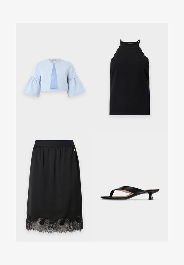 Veste courte bleu clair avec manches trois-quarts évasées, col rond et fermeture unique par un bouton-pression à l'avant.; Top noir sans manches à col halter avec bords festonnés et fines bretelles, présenté sur un fond clair uni.; Jupe noire en tissu doux avec un ourlet en dentelle, conçue avec une taille froncée et un accent logo doré.; Sandale noire en cuir avec talon bas kitten et bout légèrement carré sur fond uni gris clair.