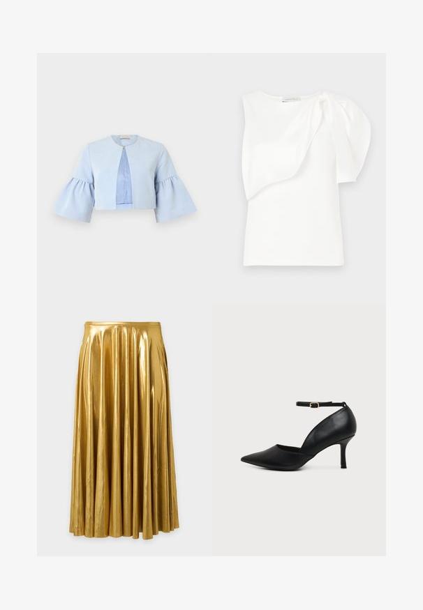 Veste courte bleu clair avec manches trois-quarts évasées, col rond et fermeture unique par un bouton-pression à l'avant.; Haut sans manches blanc avec détail de tissu superposé asymétrique et manches bouffantes froncées sur une épaule, présenté à plat sur un fond blanc.; Jupe midi plissée métallique dorée avec taille haute et tissu fluide sur fond gris clair.; Chaussure en cuir noir à bout pointu avec talon kitten, bride à la cheville et boucle dorée sur fond neutre.