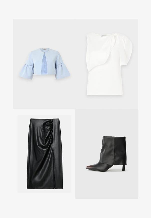 Veste courte bleu clair avec manches trois-quarts évasées, col rond et fermeture unique par un bouton-pression à l'avant.; Haut sans manches blanc avec détail de tissu superposé asymétrique et manches bouffantes froncées sur une épaule, présenté à plat sur un fond blanc.; Jupe en cuir noir avec une texture lisse, présentant une section froncée sur un côté et une fente sur le côté pour un détail supplémentaire.; Bottine noire en cuir lisse avec un bout pointu et un talon effilé. La tige présente un design légèrement froncé.
