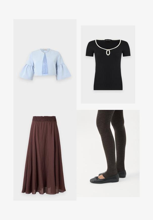 Veste courte bleu clair avec manches trois-quarts évasées, col rond et fermeture unique par un bouton-pression à l'avant.; Haut noir à manches courtes en maille côtelée avec bordure blanche autour de l'encolure en U et une petite découpe en forme de goutte d'eau maintenue par un bouton doré.; Jupe longue forme trapèze marron avec taille élastique froncée et tissu léger légèrement froissé, présentée sur un fond uni.; Jambes portant des leggings côtelés foncés associés à des ballerines noires avec de petits détails en nœud sur fond blanc.