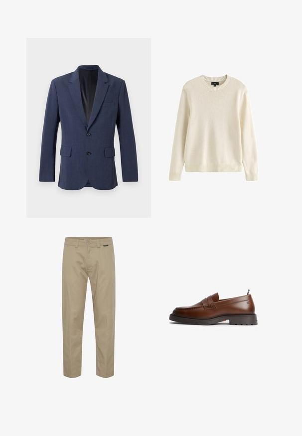 Marineblå blazer lavet af tekstureret stof med en enkeltknap-design, notch-lapel, to forlommer og to knapper.; Flødefarvet langærmet strikket sweater med ribstrikket rund hals, ærmegab og kant, mærket størrelse medium fra mærket Next.; Khaki chinos lavet af bomuld, med lige pasform, bæltestropper, frontlommer og en minimalistisk logoaccent nær taljen.; Brun læderloafer med tyk sort sål, mokasinsyning og trækflig ved hælen, vist fra ydersiden på hvid baggrund.