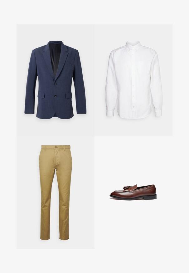 Marineblå blazer lavet af tekstureret stof med en enkeltknap-design, notch-lapel, to forlommer og to knapper.; GAP STANDARD OXFORD - Skjorter - white; Khaki chinos lavet af glat bomuld, med et klassisk lige ben-design, forlommer og en enkelt knaplukning i taljen.; Brune læder loafers med en glat finish, dekorative kvaster, en rund tå og en lav sort gummisål.