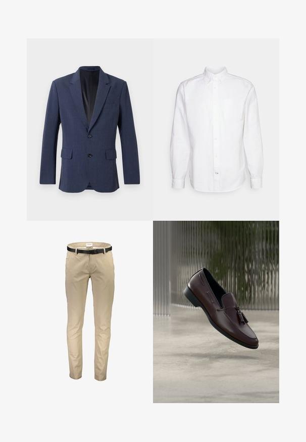 Marineblå blazer lavet af tekstureret stof med en enkeltknap-design, notch-lapel, to forlommer og to knapper.; GAP STANDARD OXFORD - Skjorter - white; Beige bomuldsbukser med slim fit, der har to lommer, lynlås og et sort tekstureret bælte.; Brune læder loafers med en glat tekstur, med dekorative kvaster og en forhøjet sømdetalje, sat mod en minimalistisk baggrund.