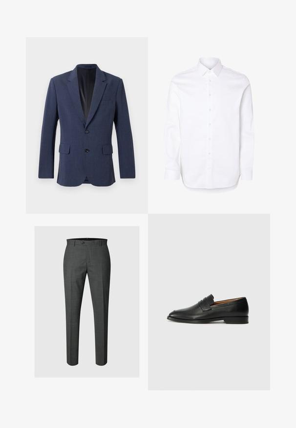 Marineblå blazer lavet af tekstureret stof med en enkeltknap-design, notch-lapel, to forlommer og to knapper.; Hvid skjorte med lange ærmer, klassisk krave og knapper ved manchetterne.; Mørkegrå skræddersyede formelle bukser med knaplukning og bæltestropper, vist mod en lysegrå baggrund.; Sort læder loafer med rund tå, diskret syning, og lav hæl, der har en glat tekstur og minimalistisk design.