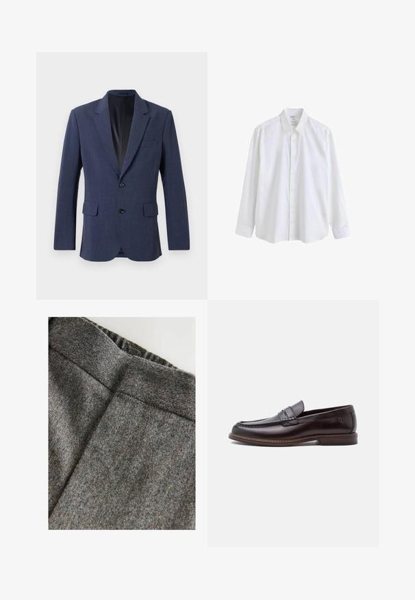 Marineblå blazer lavet af tekstureret stof med en enkeltknap-design, notch-lapel, to forlommer og to knapper.; Hvid langærmet skjorte med knapper foran, spidst krave og synlige knapper på en ensfarvet baggrund.; Grå uldblandingsbukser med en glat tekstur, der har en bred talje og en ren, klassisk pasform. Subtile farveprikker er til stede.; Mænds mørkebrune læder penny loafer med stingdetaljer og lav hæl, vist i sideprofil på hvid baggrund.