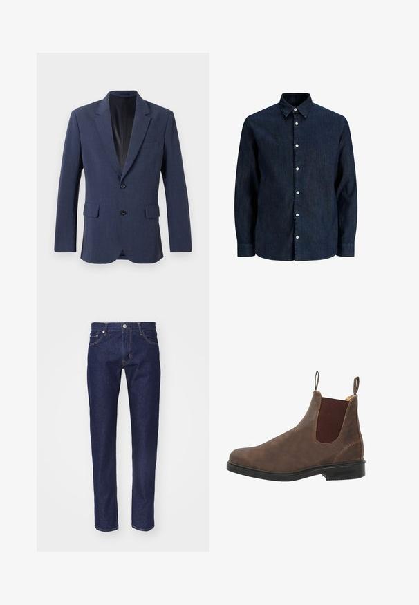 Marineblå blazer lavet af tekstureret stof med en enkeltknap-design, notch-lapel, to forlommer og to knapper.; Mørkeblå denimskjorte med lange ærmer, hvide knapper og spids krave, vist på hvid baggrund.; Mørkeblå denim jeans med lige pasform, fem-lomme design, kontrasterende orange syninger og en sølvknaplukning i taljen.; Brune læder ankelstøvle med elastiske sidelapper, rund tå og sort gummisål. Subtile tekstur- og syningsdetaljer.