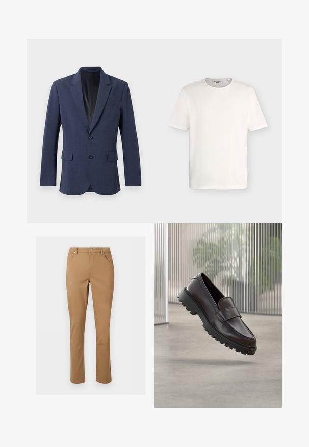 Marineblå blazer lavet af tekstureret stof med en enkeltknap-design, notch-lapel, to forlommer og to knapper.; Plain hvid t-shirt med korte ærmer og rund halsudskæring, med et lille mærke indeni kraven og et mærkat i siden.; Brune bukser med lige ben, forlommer, bæltestropper, lynlås og knaplukning mod en ensartet lys baggrund.; Brun lædersko uden snørebånd med rundet tå og solid sort gummisål. Har en dekorativ rem hen over vristen.