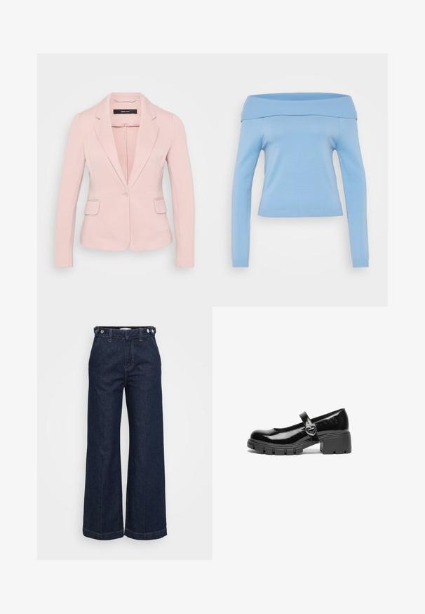 Blazer rose clair avec revers en notch, fermeture à un bouton et deux poches avant. Tissu lisse et coupe ajustée.; Haut à manches longues bleu clair, décolleté bardot, avec un col et des poignets côtelés, au design ajusté, en tissu léger et lisse.; Gina Tricot Petite Wide Leg - rinse; Chaussure Mary Jane en cuir verni noir avec un talon épais, un bout rond et une sangle ornée d'une boucle en forme de cœur.