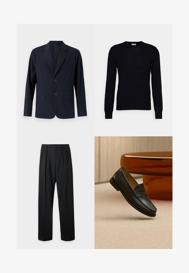 Blazer texturé bleu marine avec revers cranté, deux poches à rabat à l'avant et deux boutons. Coupe ajustée avec un design minimaliste.; Pull noir à manches longues en tricot doux. Encolure ronde, poignets et ourlet côtelés. Design minimaliste sans motifs ni boutons visibles.; Pantalon noir taille haute, sur-mesure, avec passants pour ceinture, plis sur le devant, fermeture par bouton et jambes droites larges sur fond clair.; Chaussure mocassin en cuir noir suspendue au-dessus d’un tapis beige avec du mobilier moderne couleur ambre en arrière-plan.