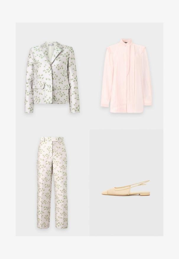 Blazer blanc avec imprimé floral vert, col cranté, manches longues, deux poches à rabat et boutons sur le devant.; Blouse rose clair à manches longues avec des plis verticaux sur le devant, col haut avec bouton, et des détails subtils de fronces aux épaules.; Pantalon à jambes droites rose clair avec un petit imprimé floral vert, doté d'une taille haute et d'une fermeture avant dissimulée.; Chaussure plate slingback en beige clair avec une tige en maille, un bout pointu et un petit talon. Dotée d'une sangle ajustable pour un bon maintien.