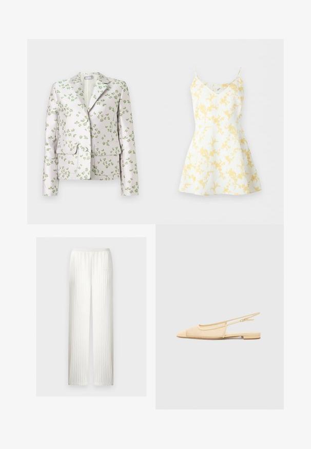 Blazer blanc avec imprimé floral vert, col cranté, manches longues, deux poches à rabat et boutons sur le devant.; Robe blanche sans manches avec fines bretelles et motif floral jaune, avec un corsage ajusté et une jupe évasée.; Pantalon en tricot écru avec motif torsadé vertical, coupe droite et ceinture élastique.; Chaussure plate slingback en beige clair avec une tige en maille, un bout pointu et un petit talon. Dotée d'une sangle ajustable pour un bon maintien.