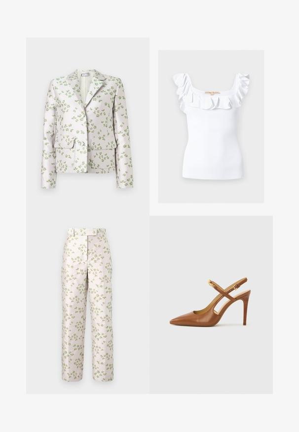 Blazer blanc avec imprimé floral vert, col cranté, manches longues, deux poches à rabat et boutons sur le devant.; Haut blanc sans manches en maille côtelée avec encolure carrée et bordure à volants le long des épaules et de la poitrine.; Pantalon à jambes droites rose clair avec un petit imprimé floral vert, doté d'une taille haute et d'une fermeture avant dissimulée.; Escarpin à talon haut en cuir marron avec bride arrière, bout pointu, doté de brides croisées et d'un talon en bois texturé. Accent doré sur la bride.