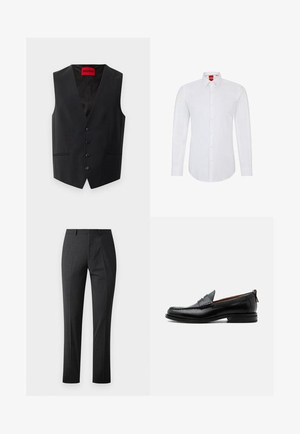 Gilet noir en tissu lisse, avec fermeture à cinq boutons sur le devant et deux poches latérales. Il dispose d'un décolleté en V profond et d'une étiquette rouge à l'intérieur.; Chemise blanche à manches longues avec un col, dotée d'une fermeture à boutons sur le devant et d'un tissu doux et lisse. Aucun motif ou accent visible.; Pantalons gris foncé sur mesure avec une texture lisse, coupe slim, devant plat et taille standard. Présente des plis marqués et sans motifs visibles.; Mocassin homme en cuir noir avec couture moc toe, bride penny, col texturé et petit talon empilé sur fond blanc.