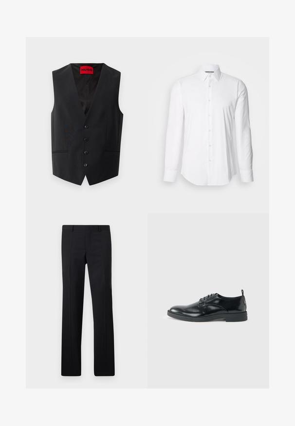 Gilet noir en tissu lisse, avec fermeture à cinq boutons sur le devant et deux poches latérales. Il dispose d'un décolleté en V profond et d'une étiquette rouge à l'intérieur.; Chemise blanche à manches longues en tissu lisse, avec un col classique et une fermeture à boutons à l'avant, doté d'un ourlet arrondi. Les boutons ont une finition légèrement brillante.; Pantalons noirs ajustés avec une coupe droite, des plis marqués et une finition lisse. Fabriqués en tissu léger avec une taille nette.; Chaussure habillée en cuir noir brillant avec un petit talon, fermeture à lacets et bout rond, vue de côté sur un fond uni et clair.