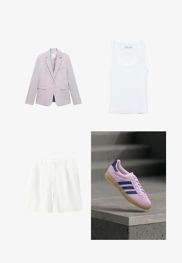 Lila blazer met een op maat gemaakt ontwerp, éénknops sluiting, twee voorkruiszakken en een reverskraag. Gladde stof met een lichte glans.; Effen witte mouwloze tanktop met ronde hals, gemaakt van zachte stof, met een label aan de binnenkant van de kraag dat merk en maat aangeeft.; Witte casual shorts met riemlussen, voorrits en zijzakken, plat liggend tegen een witte achtergrond.; Lichtpaarse Adidas Gazelle sneaker met marineblauwe strepen en hieltab, rubberen zool, zwevend boven een stenen richel met vervaagde trappen op de achtergrond.