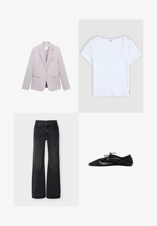 Lila blazer met een op maat gemaakt ontwerp, éénknops sluiting, twee voorkruiszakken en een reverskraag. Gladde stof met een lichte glans.; Witte korte mouwtop met een vierkante halslijn, gemaakt van ribbelstructuur stof. Heeft een klein rood logo etiket aan de onderkant aan de linkerkant.; Zwarte wijde pijpen jeans met hoge taille, voorste knoopsluiting, ritssluiting, riemlussen en vijfzakkenontwerp op een effen achtergrond.; Zwarte leren ballerina met een geraffineerde neus en veter met metalen uiteinden, minimalistisch en slank zijaanzicht.