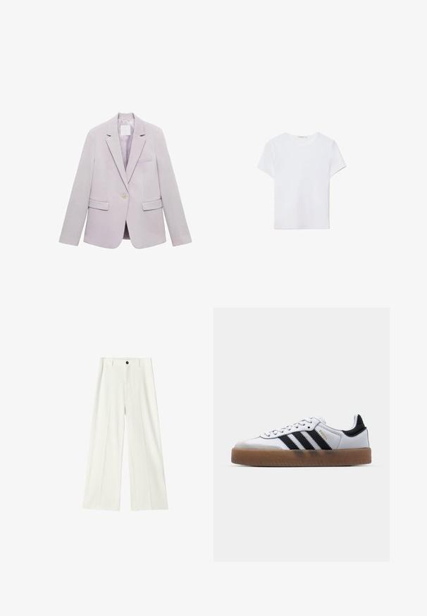 Lila blazer met een op maat gemaakt ontwerp, éénknops sluiting, twee voorkruiszakken en een reverskraag. Gladde stof met een lichte glans.; Witte T-shirt met korte mouwen, gemaakt van zachte stof. Heeft een ronde halslijn en een eenvoudig, strak ontwerp met een rechte zoom.; Witte, wijde broek met hoge taille, voorplooien, tailleband met riemlussen en een zwarte knoopsluiting.; Witte leren sneakers met zwarte strepen, gumrubberen buitenzool, ronde neus, vetersluiting en een zachte grijze suède neuskap.