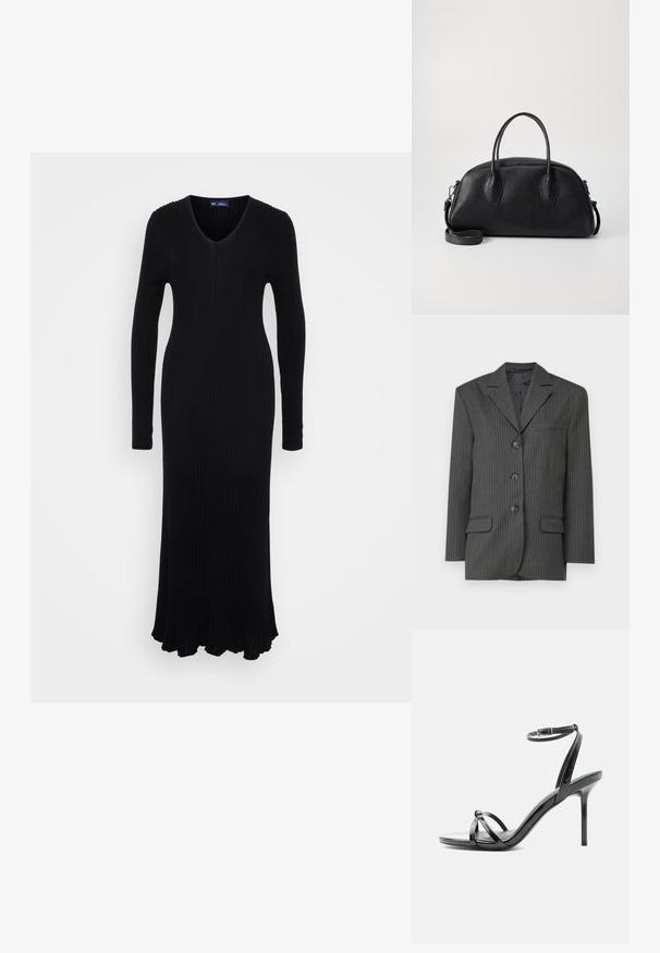 Donkergrijze pinstripe blazer met geknipte revers, drie frontknopen, twee voorzakken en een enkel borstzakje. Glad stoftextuur.; Zwarte ribgebreide jurk met lange mouwen, V-hals en een uitlopende zoom. Gemaakt van een rekbaar materiaal voor een aansluitende pasvorm.; Zwarte lakleren sandaal met hoge hak, met dunne bandjes die over de tenen kruisen en een enkelriempje met gesp op een witte achtergrond.; Zwarte leren handtas met een ronde vorm, dubbele handvatten aan de bovenkant, gestructureerd oppervlak en een afneembare schouderband. Twee hexagonale accenten aan de zijkanten.
