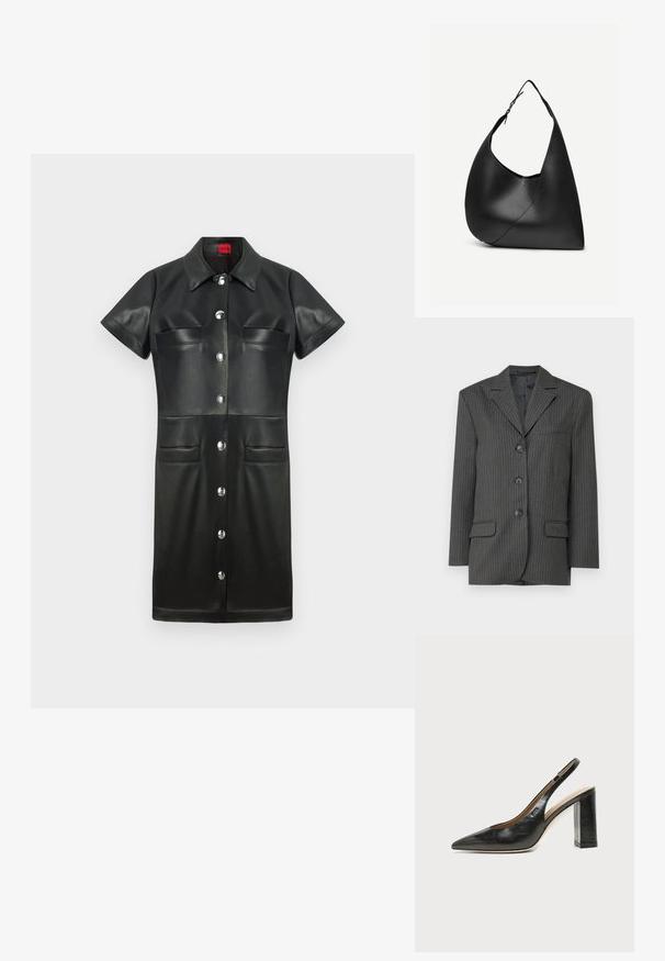 Blazer à rayures fines gris foncé avec revers crantés, trois boutons à l'avant, deux poches avant et une poche poitrine. Texture de tissu lisse.; Robe en cuir noire avec des manches courtes, un col, une fermeture à boutons sur le devant et deux poches poitrine. Présente des accessoires en métal argenté et une texture lisse.; Chaussure slingback en cuir noir à bout pointu avec un talon bloc haut et une doublure intérieure beige sur un fond clair uni.; Sac à épaule en cuir noir avec forme triangulaire incurvée, une seule sangle ajustable, et une couture diagonale visible à l'avant.