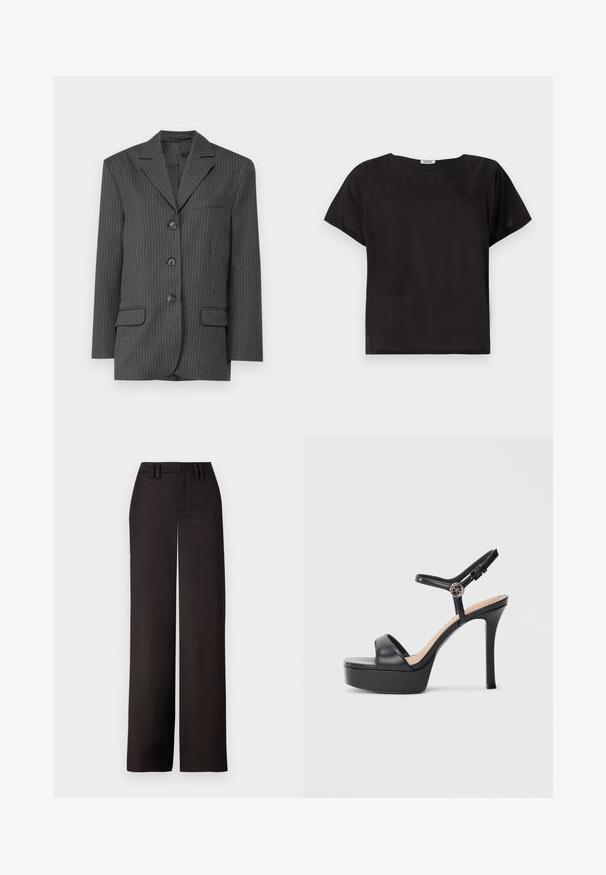 Blazer à rayures fines gris foncé avec revers crantés, trois boutons à l'avant, deux poches avant et une poche poitrine. Texture de tissu lisse.; Haut noir à manches courtes avec une coupe décontractée, encolure arrondie, texture lisse et design simple et minimaliste. Pas de motifs ou d'accents visibles.; Pantalons noirs à jambes larges avec un devant plat, passants de ceinture et une texture lisse, conçus pour un ajustement près du corps. Aucun matériel ou motif visible.; Sandales à plateforme noires avec un talon haut stilettos, dotées d'une tige en cuir lisse, d'un bout ouvert et d'une bride de cheville ajustable avec ferrures.