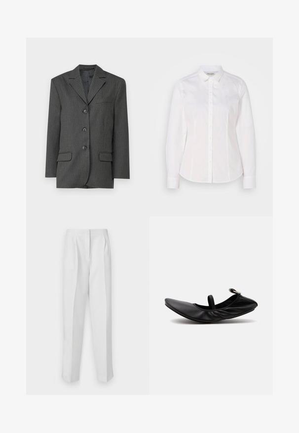 Donkergrijze pinstripe blazer met geknipte revers, drie frontknopen, twee voorzakken en een enkel borstzakje. Glad stoftextuur.; Witte button-down shirt van soepel katoen met een klassieke kraag, lange mouwen en een subtiel logo op de borst. Voorzien van een knoopsluiting aan de voorkant.; Witte op maat gemaakte broeken met een rechte pasvorm, voorzien van voorplooien, twee zijzakken en een schone tailleband voor een nette uitstraling.; Zwarte gevouwen leren ballerina platte schoen met een enkele band en zilveren gesp op een effen lichte achtergrond.