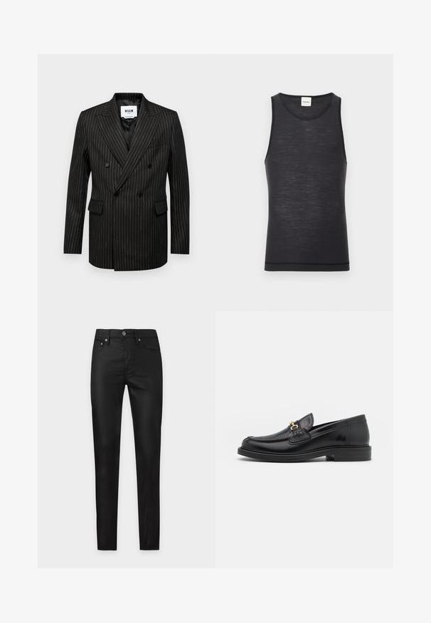 Blazer noir double boutonnage avec des rayures blanches, revers crantés, deux poches avant et une doublure intérieure lisse. Étiquette de la marque visible à l'intérieur.; Débardeur noir sans manches en matériau léger, avec un col rond et une texture subtile, doté d'un détail d'ourlet contrasté.; Pantalon noir slim fit avec bouton à l'avant, fermeture éclair et design cinq poches, présenté sur un fond clair uni.; Mocassins en cuir noir avec un embout rond, présentant des accents en métal doré et des détails de couture, montés sur une semelle en caoutchouc texturé et basse.