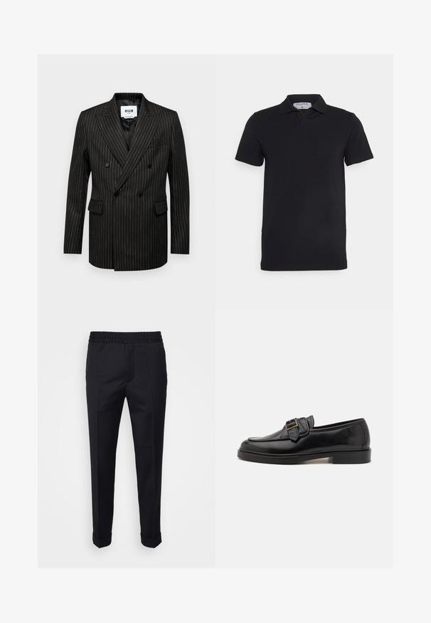 Blazer noir double boutonnage avec des rayures blanches, revers crantés, deux poches avant et une doublure intérieure lisse. Étiquette de la marque visible à l'intérieur.; Polo noir à manches courtes avec un col classique, fabriqué en tissu lisse. Présente une étiquette avec le nom de la marque 'Filippa K' au niveau de l'encolure.; Pantalon noir en tissu léger, avec une taille élastique, des poches latérales et des poignets roulés. Texture lisse avec des plis à l'avant.; Mocassins en cuir noir avec un bout arrondi et une boucle décorative. Talon plat, solide et texture lisse sur l'ensemble.