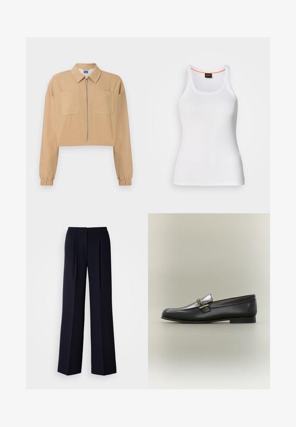 Veste beige courte à fines rayures blanches, fermeture éclair à l'avant, deux poches poitrine, manches longues avec poignets élastiques, et col pointu.; Débardeur blanc côtelé avec un col rond, présentant un design à bretelles étroites et un accent orange le long de l'intérieur du col. Logo de la marque affiché.; Pantalon large marine avec plis, réalisé en tissu lisse. Doté d'une ceinture ajustée et d'une silhouette épurée.; Mocassin en cuir noir avec dessus argenté, détail de chaîne dorée, petit talon et bout arrondi sur fond neutre.