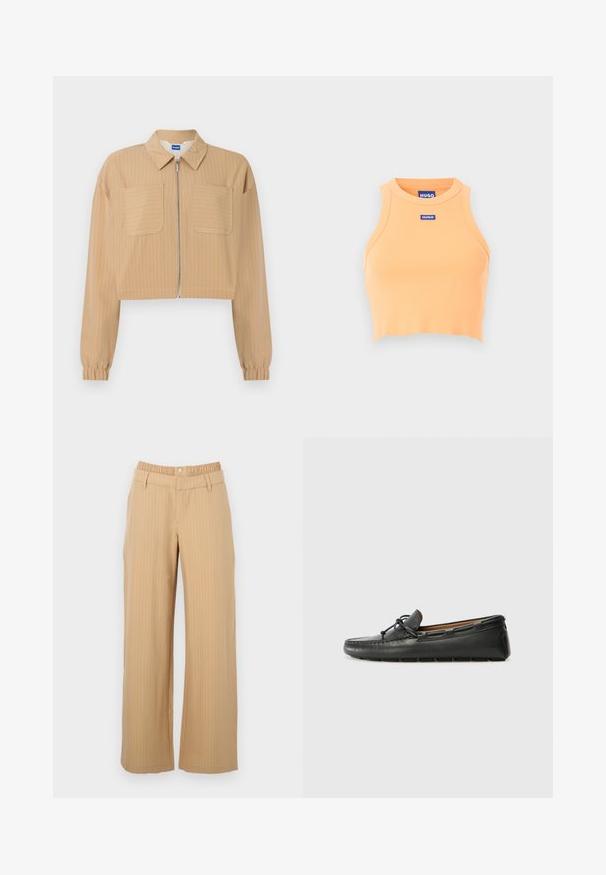Veste beige courte à fines rayures blanches, fermeture éclair à l'avant, deux poches poitrine, manches longues avec poignets élastiques, et col pointu.; Débardeur court sans manches en tissu côtelé orange clair avec col haut et petite étiquette rectangulaire "HUGO" centrée sur la poitrine.; Pantalon beige à fines rayures avec taille élastique, passants pour ceinture, fermeture à boutons et coupe droite.; Bateau en cuir noir avec un bout arrondi, des détails de couture, un petit accent en nœud et une semelle en caoutchouc. Texture lisse et design épuré.