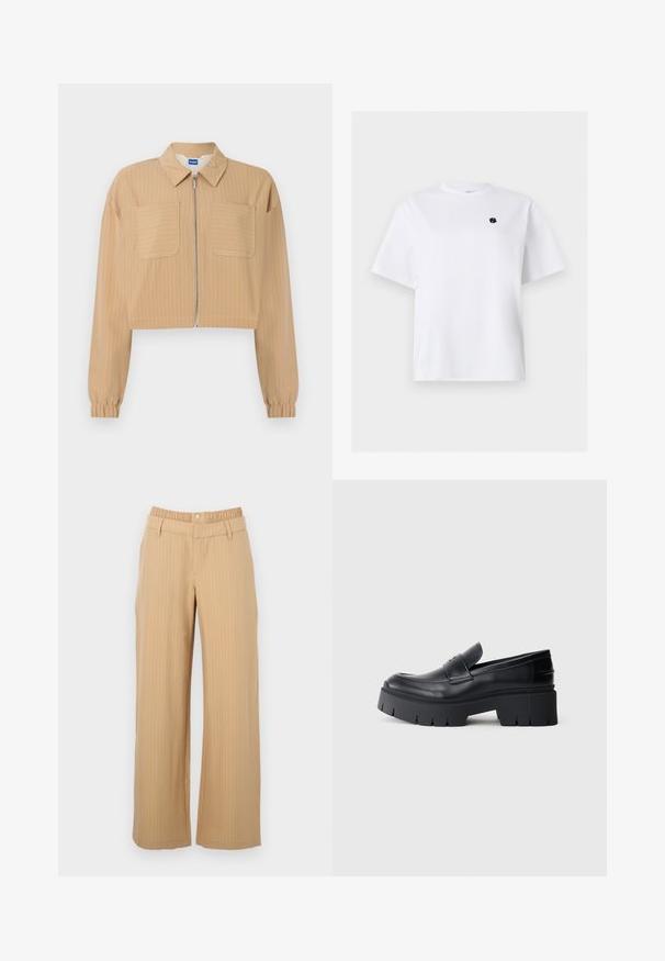 Veste beige courte à fines rayures blanches, fermeture éclair à l'avant, deux poches poitrine, manches longues avec poignets élastiques, et col pointu.; T-shirt blanc à manches courtes avec col rond et petit logo noir brodé sur la poitrine gauche.; Pantalon beige à fines rayures avec taille élastique, passants pour ceinture, fermeture à boutons et coupe droite.; Mocassin plateforme noir épais avec tige en cuir lisse, sangle décorative et semelle texturée épaisse sur fond blanc.