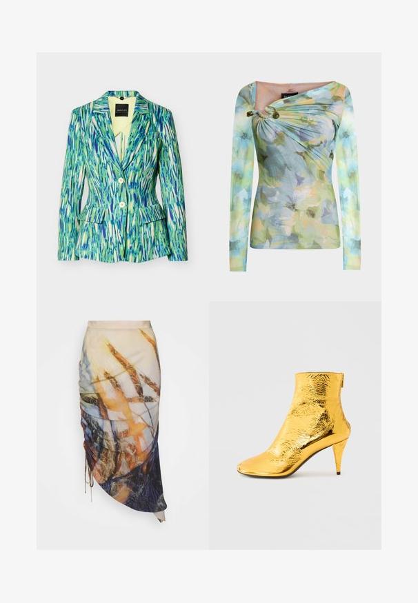 Blazer pour femme ajusté avec motif abstrait de coups de pinceau verts, bleus et blancs, deux boutons, revers cranté et poches à rabat.; Haut ajusté à manches longues avec motif floral pastel, encolure asymétrique resserrée avec deux perles vertes sur l'épaule gauche.; Materiel DIAGONAL GATHERED SKIRT - Jupe crayon - golden hour; Bottine dorée avec une texture brillante froissée, un bout pointu et un talon fin. Conception hauteur cheville avec fermeture éclair à l'arrière.