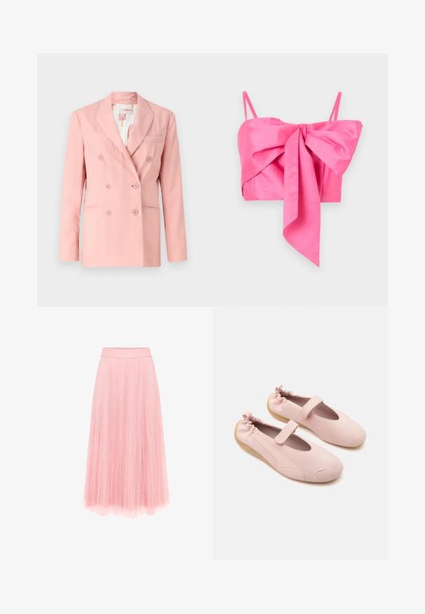 Rosa dobbeltrækker blazer med notch lapels, to frontlommer og seks matchende knapper; glat stof og skræddersyet pasform.; Rosa kort top med en sløjfedetalje fortil, lavet af et glat stof med tynde stropper og en elegant silhuet.; zero MIT PLIESSENDEM BECHER - Pliceret nederdel /Nederdele med folder - bridal rose; Par bløde lyserøde ballerinaer med elastisk ryg, velcrolukning over toppen og lysebrune såler på hvid baggrund.