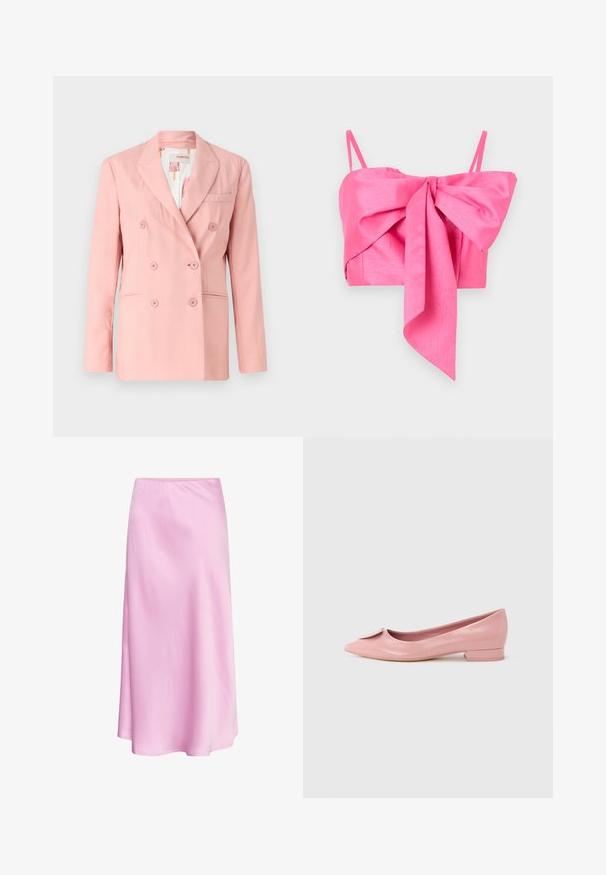 Blazer rose à double boutonnage avec revers notés, deux poches avant et six boutons assortis ; tissu lisse et coupe ajustée.; Top court rose avec un détail en nœud à l'avant, fabriqué dans un tissu lisse avec de fines bretelles et une silhouette élégante.; Jupe rose clair, longueur cheville, légèrement brillante avec une ceinture froncée, présentée sur un fond blanc.; Ballerine plate en cuir verni rose avec bout pointu, ornée d'un petit nœud sur le cou-de-pied et un talon carré bas.