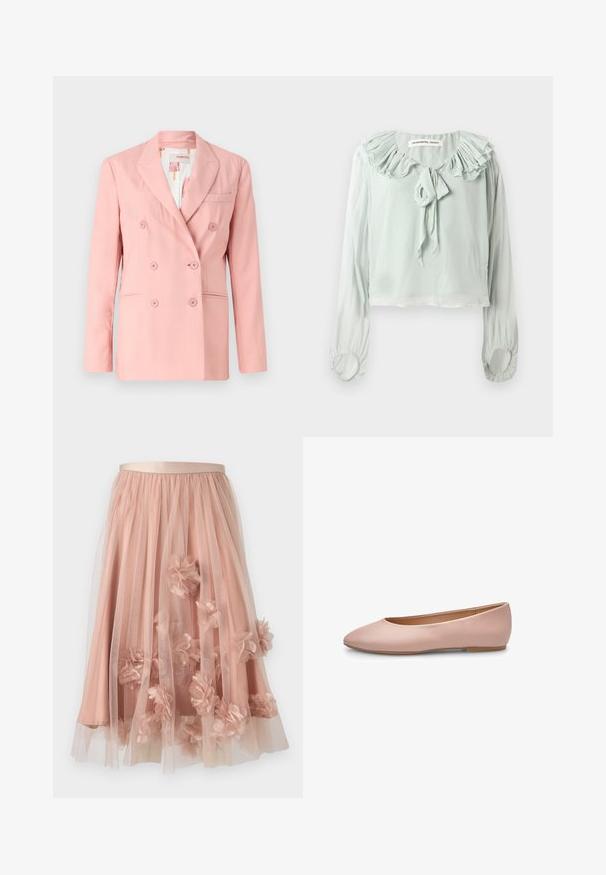 Rosa dobbeltrækker blazer med notch lapels, to frontlommer og seks matchende knapper; glat stof og skræddersyet pasform.; Lys grøn bluse med rynket halsudskæring, bånddetalje og lange ærmer. Fremstillet af blødt, flydende stof med samlede manchetter.; Tylskørt i blød lyserød med satinbånd i taljen. Har lag af gennemsigtigt stof og tredimensionelle blomsterapplikationer over det hele.; Lyserød ballerina i læder med spids tå, glat tekstur, få detaljer og en solid lys brun sål. Enkelt design uden pynt.