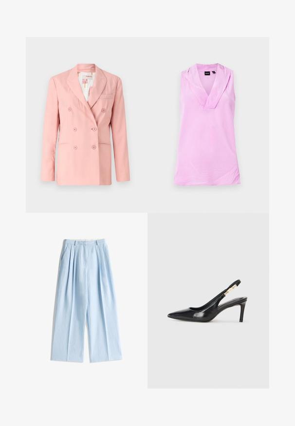 Rosa dobbeltrækker blazer med notch lapels, to frontlommer og seks matchende knapper; glat stof og skræddersyet pasform.; Ærmeløs lyserød dametop med dyb V-hals og glat stof med mærket "BOSS" inde i halsudskæringen.; Lyseblå, vide bukser lavet af linned. Har plisséer fortil, en glat talje og en løs pasform. Den samlede længde strækker sig til anklerne.; Sort læder slingback højhælede sko med spidse tæer, glat overflade og en smal ankelrem med guldfarvede hardware detaljer.