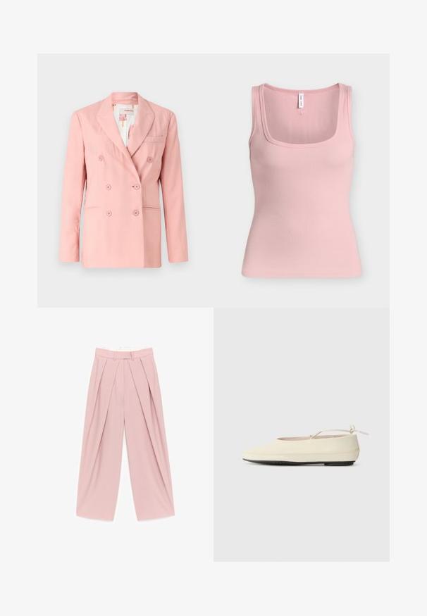Rosa dobbeltrækker blazer med notch lapels, to frontlommer og seks matchende knapper; glat stof og skræddersyet pasform.; Blød rosa ribstrikket ærmeløs tanktop med firkantet halsudskæring og brede skulderstropper.; Lyserøde bukser med brede ben, frontplissee, bæltestropper og høj talje, vist fladt på en hvid baggrund.; Cremefarvede flade sko med rund tå, ankelrem og kontrasterende sort gummisål. Glat materiale med minimal detaljer.
