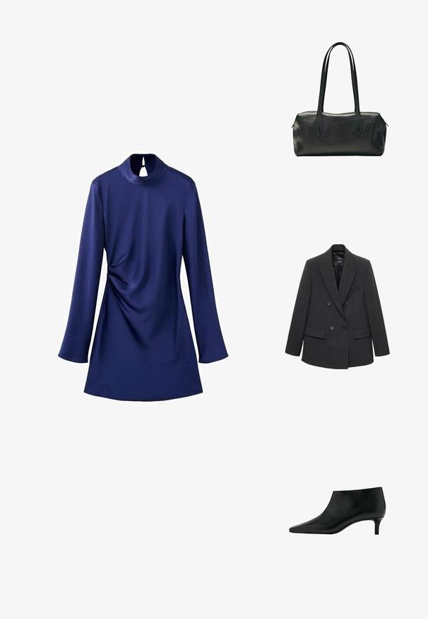 Dunkelgrauer, gestreifter, doppelt geknöpfter Blazer mit Reverskragen, vier Knöpfen und aufgesetzten Taschen auf weißem Hintergrund.; Blaues Satinkleid mit langen Ärmeln, hohem Kragen und einem Schlüsselloch-Rücken. Verfügt über einen gerafften Taillendetail und eine glatte Textur.; Schwarzer Leder-Stiefelette mit spitz zulaufender Zehenpartie und niedrigem Kitten-Heel, entworfen für eleganten und formellen Gebrauch.; Schwarze rechteckige Lederhandtasche mit zwei langen Schulterriemen und einem Reißverschluss an der Oberseite.