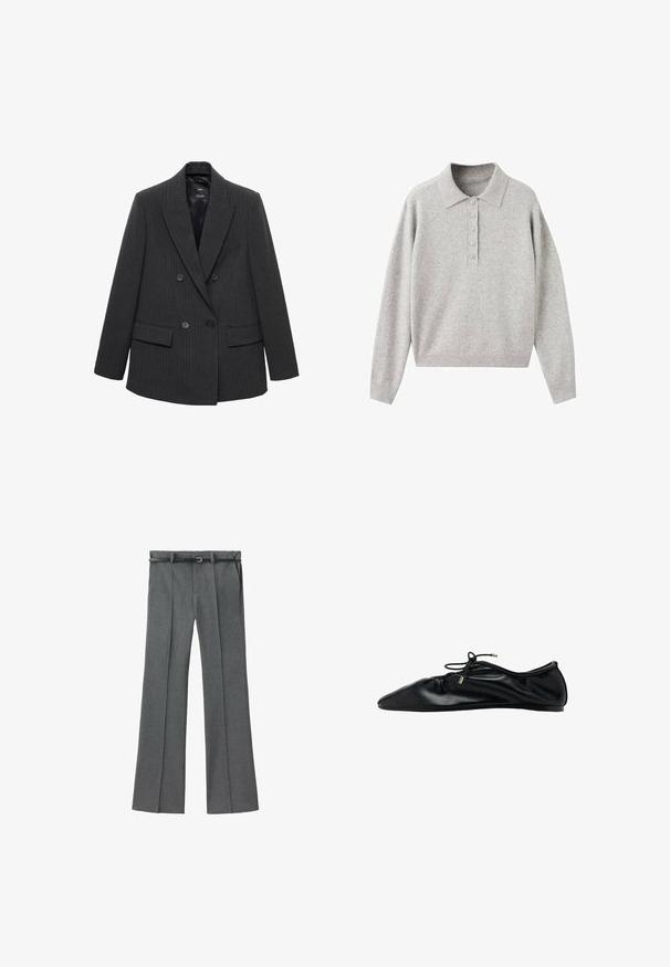 Donkergrijze pinstripe dubbele knoopblazer met notch-lapels, vier knopen en klepzakken op een witte achtergrond.; Grijze kasjmier polo trui met een kraag, knoopsluiting en geribbelde boorden en zoom. Zachte textuur, ontspannen pasvorm.; Grijze op maat gemaakte broek met een recht model, lichtgewicht stof, riemlussen en een smalle riem met een zilveren gesp.; Zwarte leren ballerina met een geraffineerde neus en veter met metalen uiteinden, minimalistisch en slank zijaanzicht.