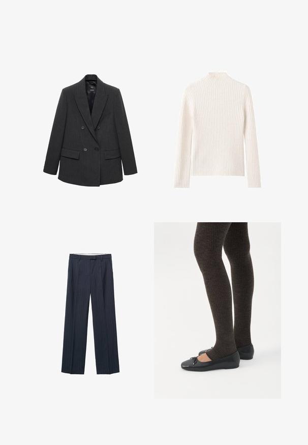 Donkergrijze pinstripe dubbele knoopblazer met notch-lapels, vier knopen en klepzakken op een witte achtergrond.; Geribbelde coltrui in off-white, gemaakt van zachte gebreide stof. Heeft lange mouwen en een aansluitend silhouet.; Marineblauwe pinstripe broek, wijdpijpen, op maat gemaakte ontwerp, plooien langs de voorkant, riemlussen en een rits sluiting. Gladde stoftextuur.; Benen met donkere geribbelde leggings gecombineerd met zwarte ballerina's met kleine strikdetails op een witte achtergrond.