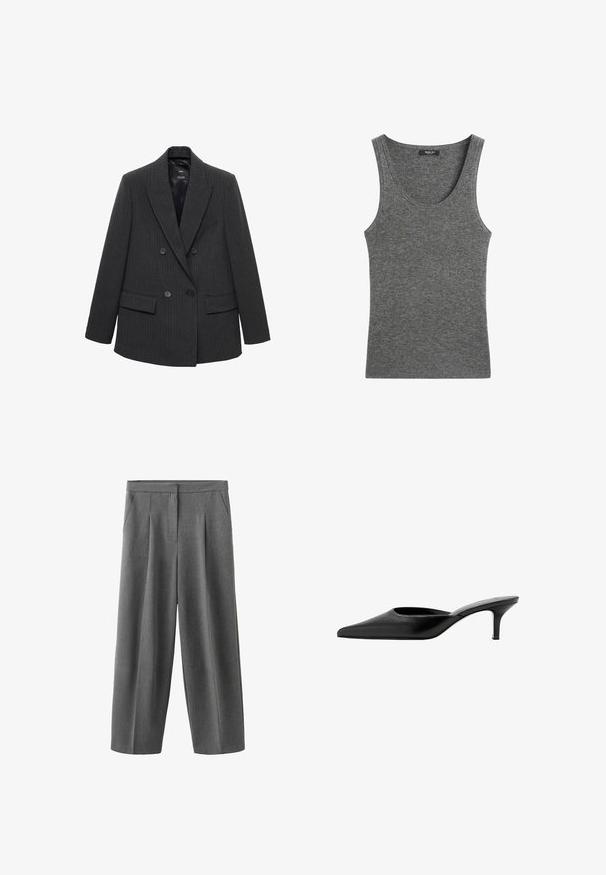 Mørkegrå stribet dobbeltbrystet blazer med skråklapper, fire knapper og klaplommer på en hvid baggrund.; Grå ribbet ærmeløs strikket tanktop med rund udskæring og en lille sort mærkeindlæg indeni kraven.; Grå vidde bukser med forreste læg, sidelommer og høj talje, lavet af et glat tekstureret stof.; Sort læder mule med spids tå, lav, slank hæl og design uden hæl, som man nemt kan træde i.