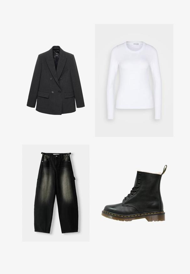 Dunkelgrauer, gestreifter, doppelt geknöpfter Blazer mit Reverskragen, vier Knöpfen und aufgesetzten Taschen auf weißem Hintergrund.; Selected SLFDIANNA O NECK - Langarmshirt - bright white; Baggy schwarze Denim-Hose mit einem verwaschenen Textur, fünf Taschen und einer Schlaufe am Taillenbund. Das Design zeichnet sich durch eine lockere Passform und gerade Beine aus.; Schwarze Lederstiefelette mit einer weichen weißen Fütterung, runder Zehenpartie, sechs Ösen Schnürung, gelben Nähten und einer transparenten Gummisohle.