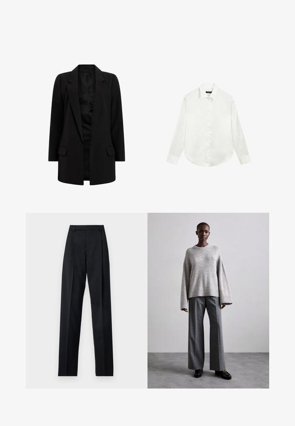 Sort blazer lavet af et glat stof. Har en klippet revers, to frontlommer og et åbent frontdesign. Klassisk skræddersyet silhuet.; Hvid skjorte med lange ærmer, krave og manchetter, lagt fladt ud med knapperne fastgjort i midten foran.; Sorte bukser lavet af glat stof, der har høj talje, brede ben, frontfolder og klassiske bælteløkker. Ingen synlige sidelommer.; Grå strikket sweater med brede ærmer og ribbet kant, parret med høj-taljede grå bukser med et subtilt ternet mønster og sorte loafers.