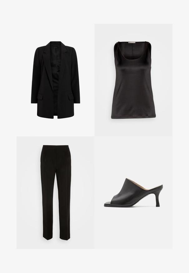 Schwarzer Blazer aus glattem Stoff. Verfügt über einen Reverskragen, zwei Fronttaschen und ein offenes Design. Klassische, taillierte Silhouette.; Anna Field Top - black; Schwarze Hose mit tailliertem Design, geraden Beinen, einzelnen Falten und Taschendetails. Hergestellt aus einem glatten, leichten Stoff.; Selected ASHLEY - Pantolette hoch - black