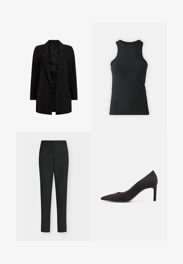 Blazer negro hecho de una tela suave. Cuenta con solapas muestradas, dos bolsillos frontales y un diseño de frente abierto. Silueta clásica y entallada.; Camiseta sin mangas negra hecha de una tela elástica. Presenta un cuello redondo y una silueta ajustada con detalles de costura mínimos.; Pantalones negros de corte ajustado con trabillas para cinturón, cremallera frontal y piernas rectas, mostrados sobre un fondo blanco.; Zapato de tacón alto negro con puntera afilada, superficie texturizada, tacón delgado de 3 pulgadas y un forro interior suave, diseñado con una silueta clásica.
