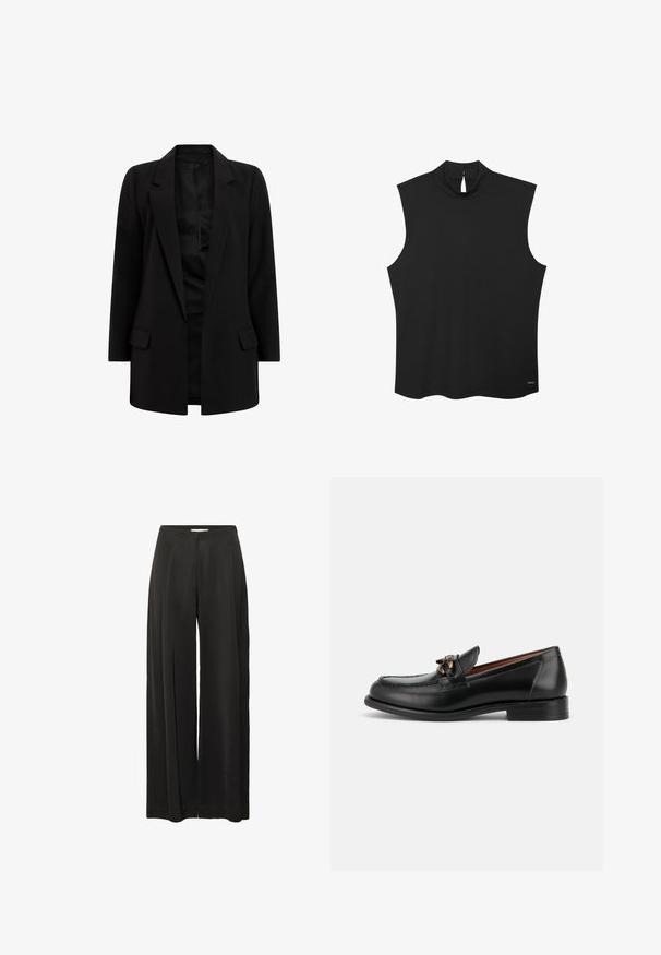 Schwarzer Blazer aus glattem Stoff. Verfügt über einen Reverskragen, zwei Fronttaschen und ein offenes Design. Klassische, taillierte Silhouette.; Schwarzes ärmelloses, geripptes Top mit Stehkragen und Schlitz-Knopfleiste am Rücken, für Damen entworfen.; Weit geschnittene schwarze Hose aus glattem Material mit hoher Taille und Falten, die einen lässigen Sitz und klare Linien bietet.; Schwarzer Lederloafer mit niedrigem Absatz, runder Spitze und dekorativer Metallschnalle vorne.