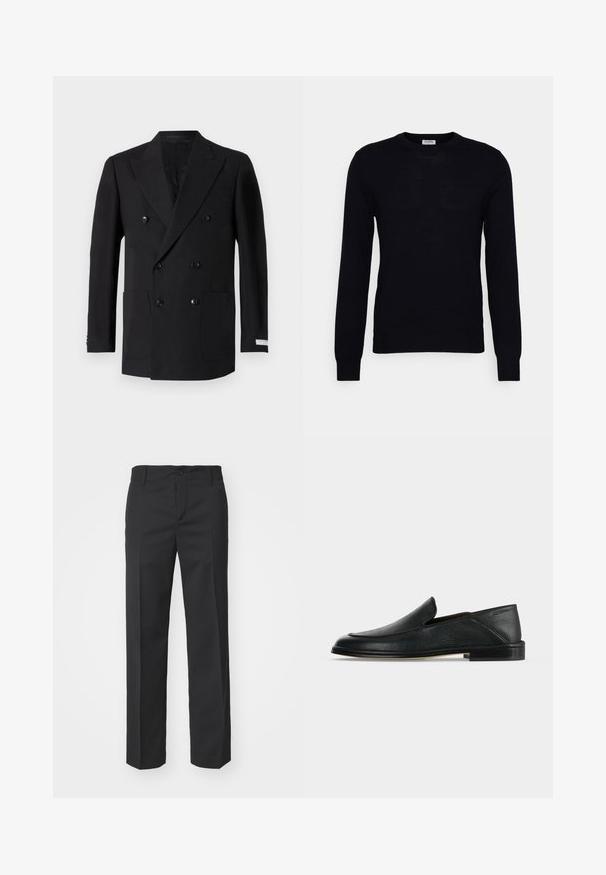 Dobbeltradet sort blazer lavet af fint stof, med to forlommer, klippede revers og sorte knapper. Skræddersyet pasform.; Sort langærmet sweater lavet af blødt strikket materiale. Rund halsudskæring, ribbede manchetter og kant. Minimalistisk design uden synlige mønstre eller knapper.; Filippa K TROY TROUSERS - Bukser - black; Sort læder slip-on loafer med lav hæl og rundet tå, vist på en simpel hvid baggrund.