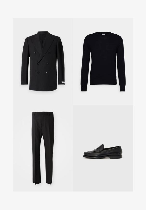 Dobbeltradet sort blazer lavet af fint stof, med to forlommer, klippede revers og sorte knapper. Skræddersyet pasform.; Sort langærmet sweater lavet af blødt strikket materiale. Rund halsudskæring, ribbede manchetter og kant. Minimalistisk design uden synlige mønstre eller knapper.; Sorte bukser med lige pasform, lavet af glat stof, med en talje der har bæltestropper og sidelommer. Ingen synlige mønstre eller detaljer.; Sorte læderloafer med et vævet detaljer hen over fronten, rund tå og en lav hæl. Glat tekstur og minimalistisk design.